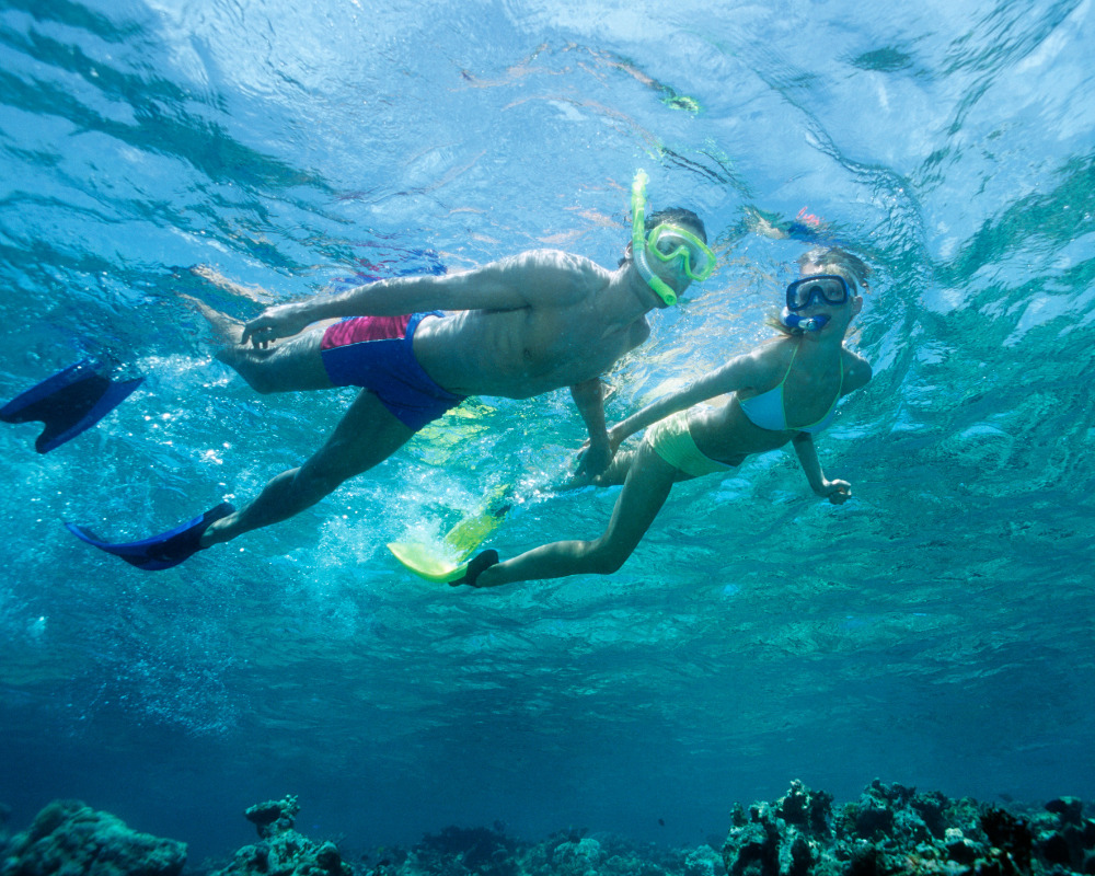 Travelers snorkeling in blue water near Nusa Penida